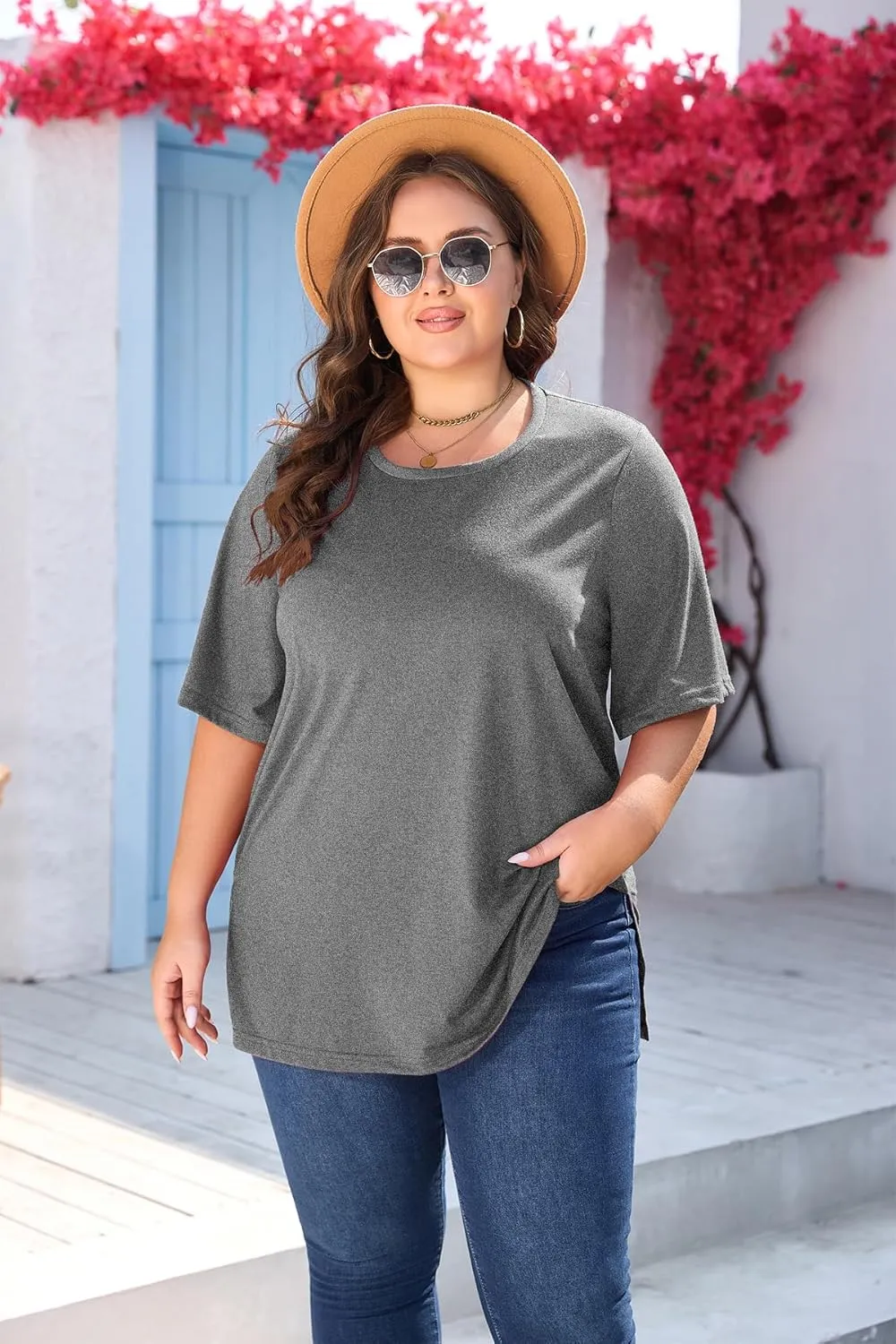 Women's Plus Size Crewneck Tops Half Sleeve Summer T-Shirt Loose Fit Blouse Casual Tunic with Side Split XL- 5XL