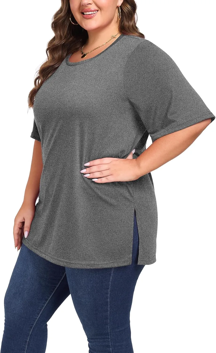 Women's Plus Size Crewneck Tops Half Sleeve Summer T-Shirt Loose Fit Blouse Casual Tunic with Side Split XL- 5XL
