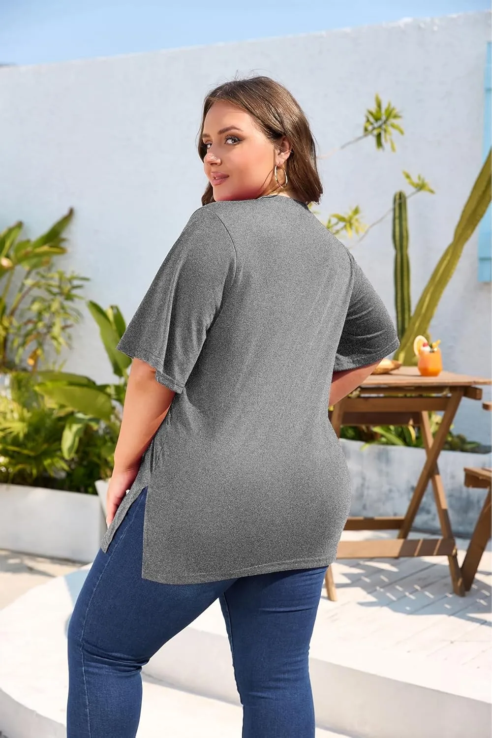 Women's Plus Size Crewneck Tops Half Sleeve Summer T-Shirt Loose Fit Blouse Casual Tunic with Side Split XL- 5XL