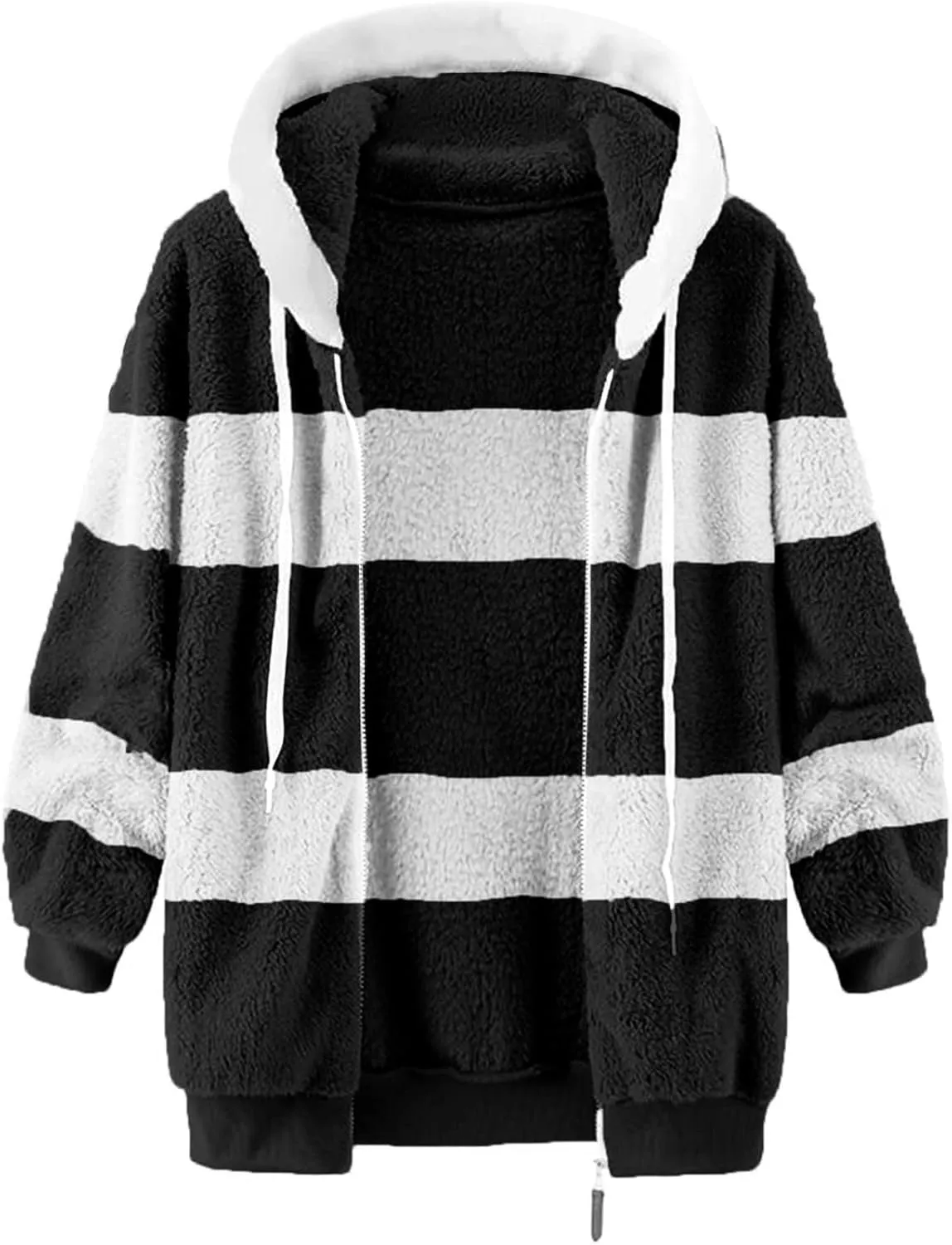 Womens Plus Size Fuzzy Fleece Jacket Winter Full Zip Plush Hooded Cardigan Coats Soft Oversized Shaggy Warm Outerwear