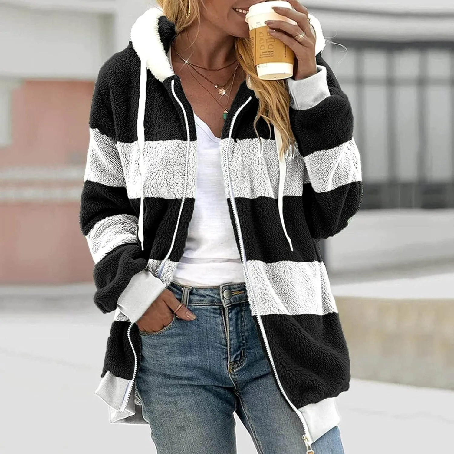 Womens Plus Size Fuzzy Fleece Jacket Winter Full Zip Plush Hooded Cardigan Coats Soft Oversized Shaggy Warm Outerwear