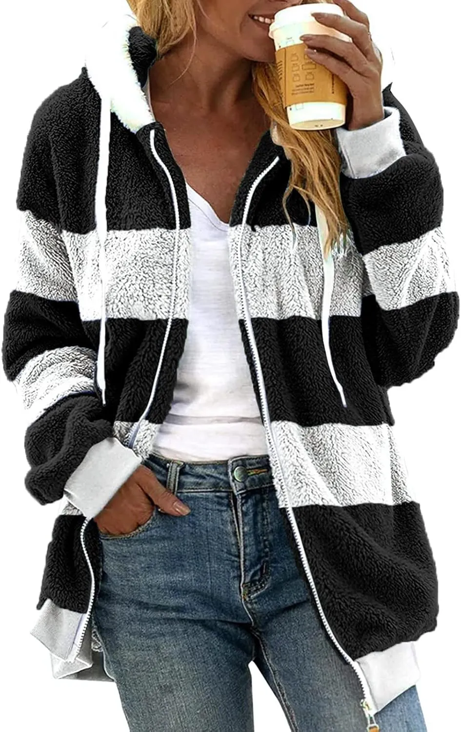 Womens Plus Size Fuzzy Fleece Jacket Winter Full Zip Plush Hooded Cardigan Coats Soft Oversized Shaggy Warm Outerwear