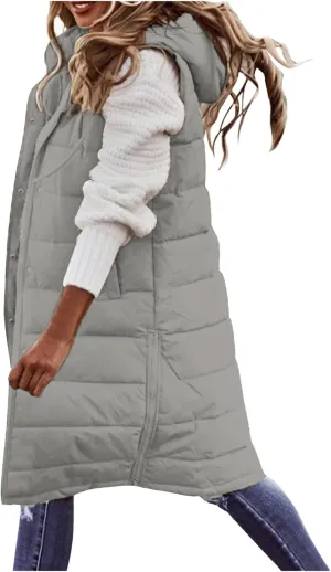Womens Puffer Vest Long Down Sleeveless Hooded Jacket Oversized Quilted Side Zip up Warm Winter Coats with Pockets