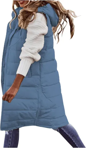 Womens Puffer Vest Long Down Sleeveless Hooded Jacket Oversized Quilted Side Zip up Warm Winter Coats with Pockets