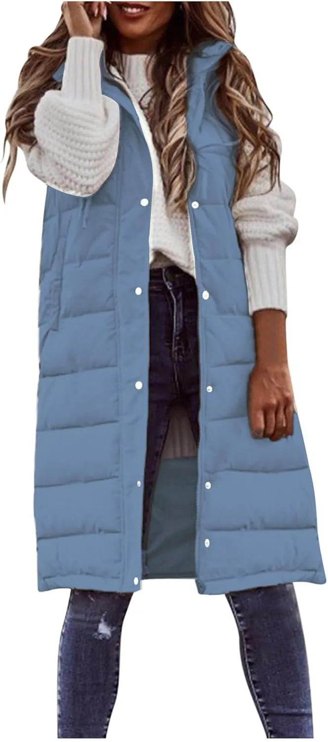 Womens Puffer Vest Long Down Sleeveless Hooded Jacket Oversized Quilted Side Zip up Warm Winter Coats with Pockets