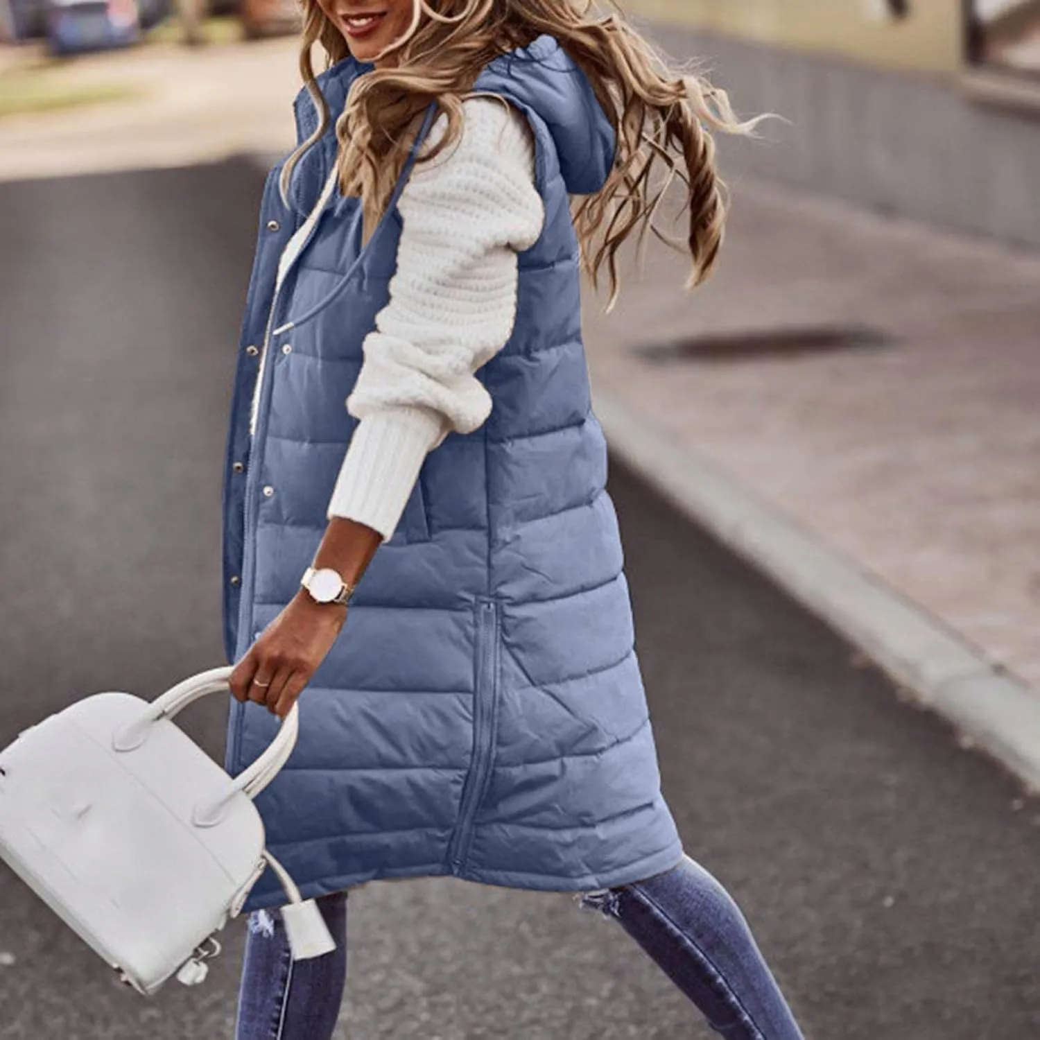 Womens Puffer Vest Long Down Sleeveless Hooded Jacket Oversized Quilted Side Zip up Warm Winter Coats with Pockets