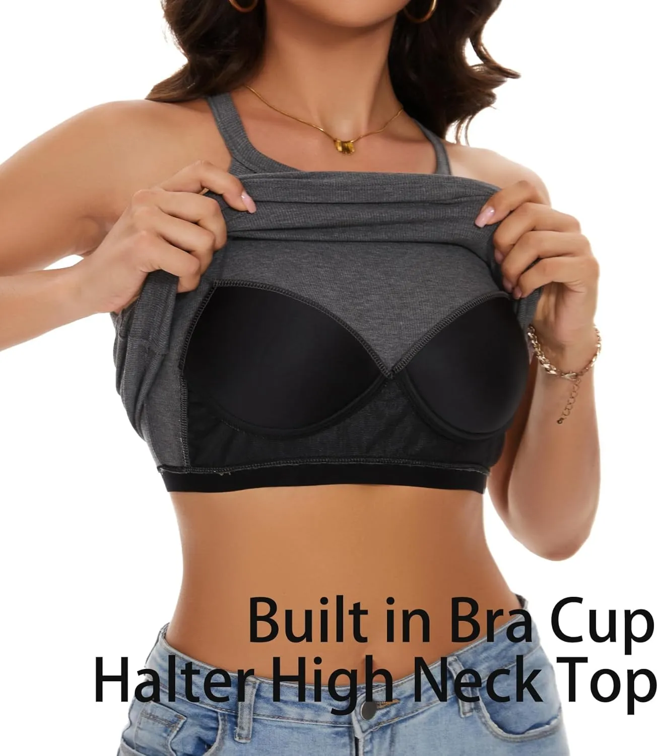 Womens Racerback Ribbed Tank Top Camisole with Built in Bra Running Yoga Sport Bra Athletic Slim Sleeveless Summer Top