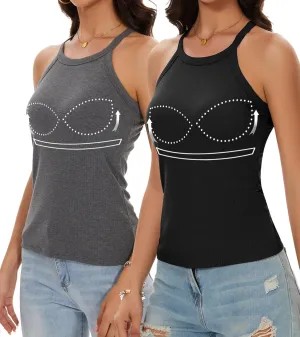 Womens Racerback Ribbed Tank Top Camisole with Built in Bra Running Yoga Sport Bra Athletic Slim Sleeveless Summer Top