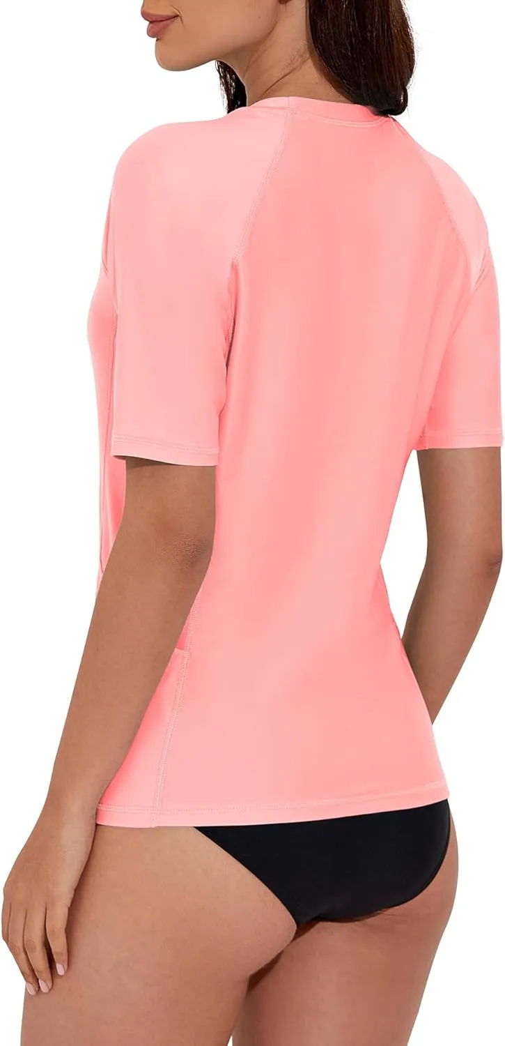 Women's Rash Guard UPF 50  Short Sleeve Swim Shirt Quick Dry Lightweight Bathing Suit Top Swimsuit Top with Pockets