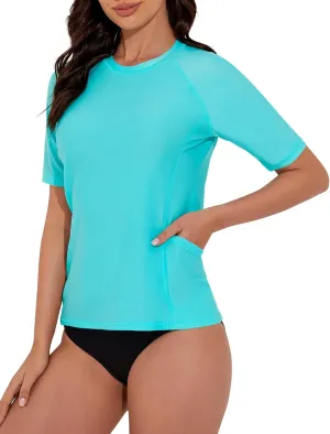 Women's Rash Guard UPF 50  Short Sleeve Swim Shirt Quick Dry Lightweight Bathing Suit Top Swimsuit Top with Pockets