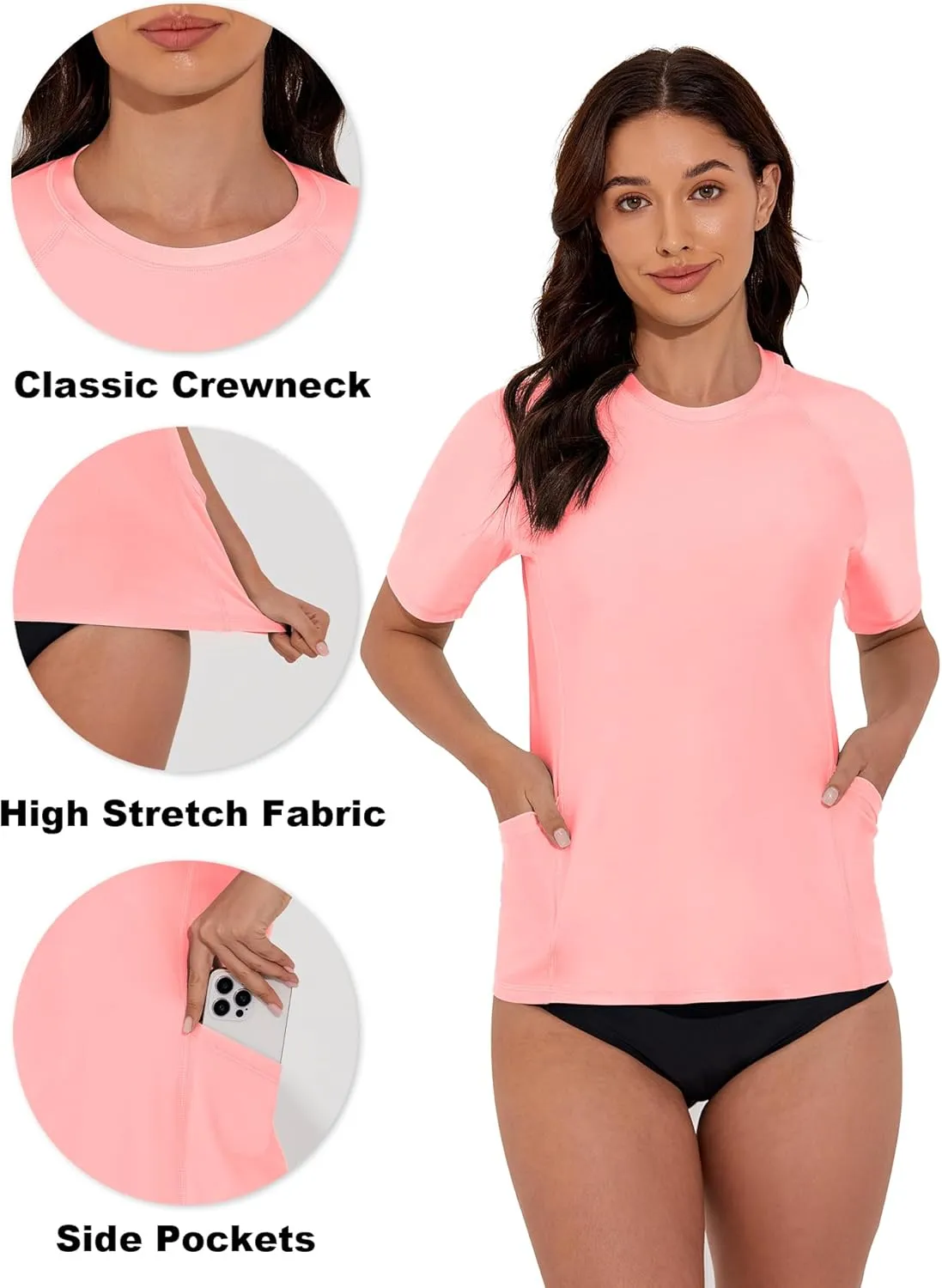 Women's Rash Guard UPF 50  Short Sleeve Swim Shirt Quick Dry Lightweight Bathing Suit Top Swimsuit Top with Pockets