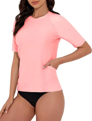 Women's Rash Guard UPF 50  Short Sleeve Swim Shirt Quick Dry Lightweight Bathing Suit Top Swimsuit Top with Pockets