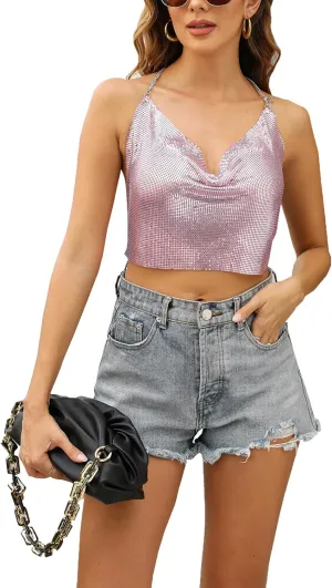 Womens Sequin Cowl Neck Cami Tank Top