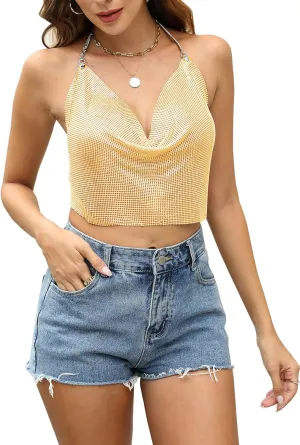 Womens Sequin Cowl Neck Cami Tank Top