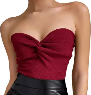 Women's Sexy Crop Tops Strapless Twisted Front Ribbed Knit Tube Top Sleeveless Sweetheart Neck Y2K Camisole Tank Top