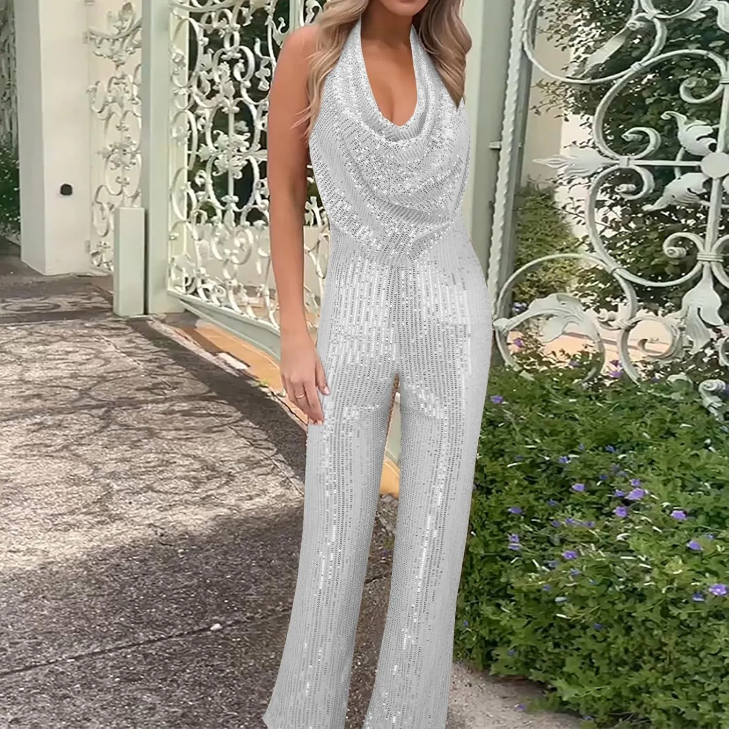 Women's Sexy Halter Cowl Neck Sparkly Jumpsuits Clubwear Sleeveless Elegant Sequins Bodycon Wide Leg Pants Rompers