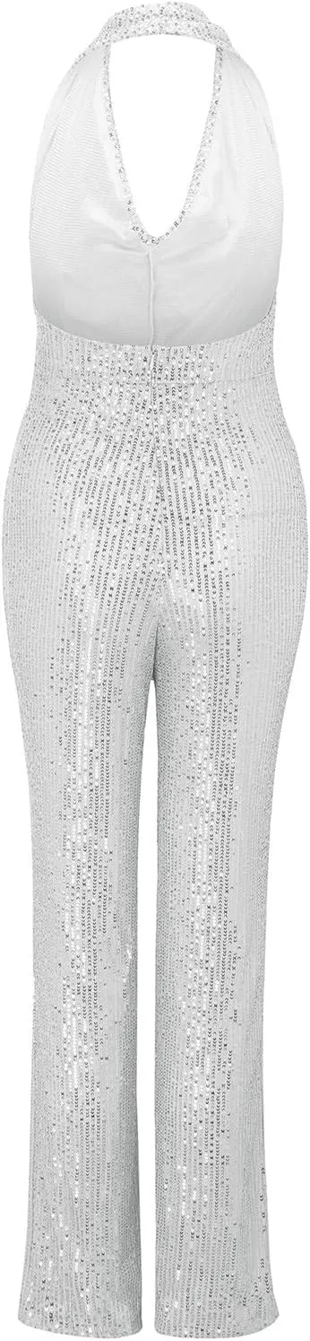Women's Sexy Halter Cowl Neck Sparkly Jumpsuits Clubwear Sleeveless Elegant Sequins Bodycon Wide Leg Pants Rompers