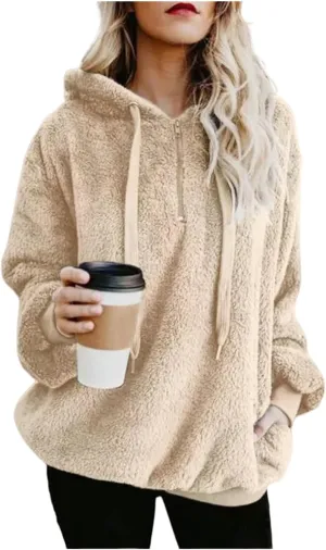 Women's Sherpa Quarter Zip Pullover Oversized Trendy Comfy Blanket Hoodies Y2k Loose Fit Sweatshirt Winter Clothes