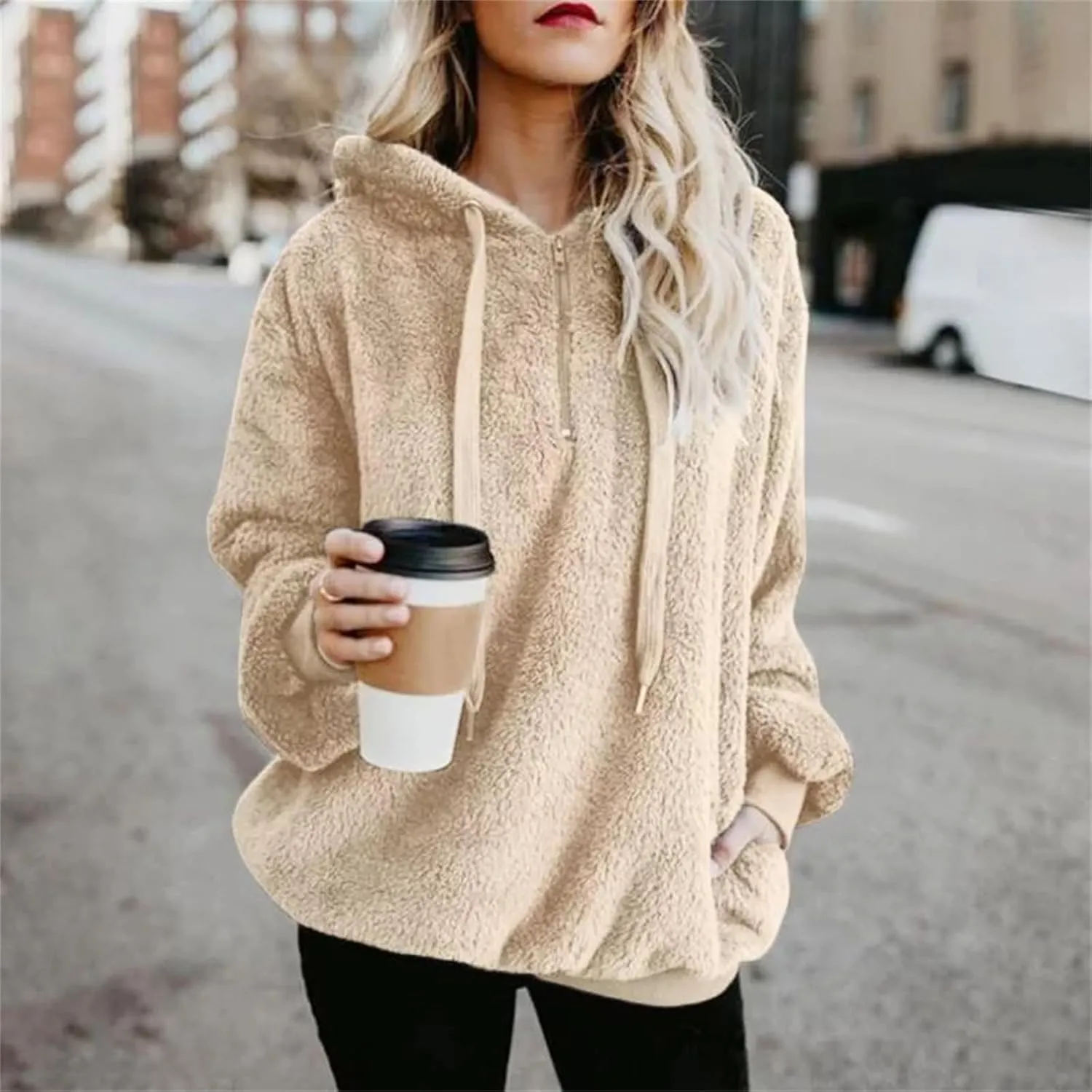 Women's Sherpa Quarter Zip Pullover Oversized Trendy Comfy Blanket Hoodies Y2k Loose Fit Sweatshirt Winter Clothes