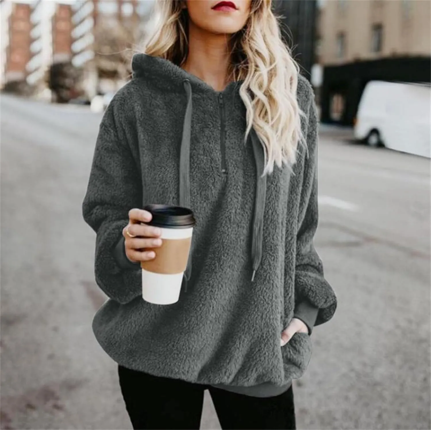 Women's Sherpa Quarter Zip Pullover Oversized Trendy Comfy Blanket Hoodies Y2k Loose Fit Sweatshirt Winter Clothes