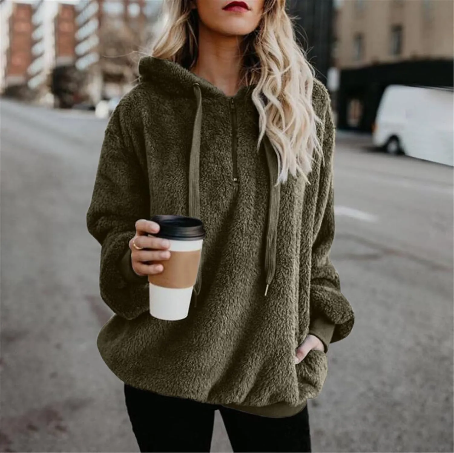 Women's Sherpa Quarter Zip Pullover Oversized Trendy Comfy Blanket Hoodies Y2k Loose Fit Sweatshirt Winter Clothes