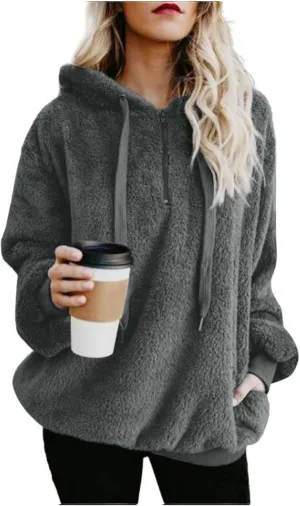 Women's Sherpa Quarter Zip Pullover Oversized Trendy Comfy Blanket Hoodies Y2k Loose Fit Sweatshirt Winter Clothes