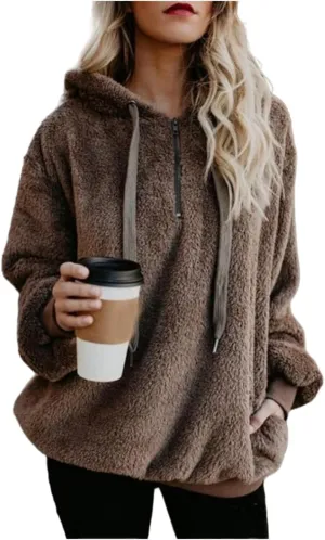 Women's Sherpa Quarter Zip Pullover Oversized Trendy Comfy Blanket Hoodies Y2k Loose Fit Sweatshirt Winter Clothes