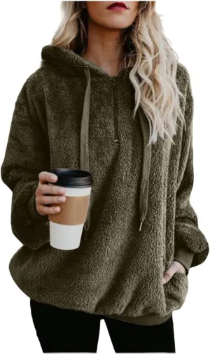 Women's Sherpa Quarter Zip Pullover Oversized Trendy Comfy Blanket Hoodies Y2k Loose Fit Sweatshirt Winter Clothes