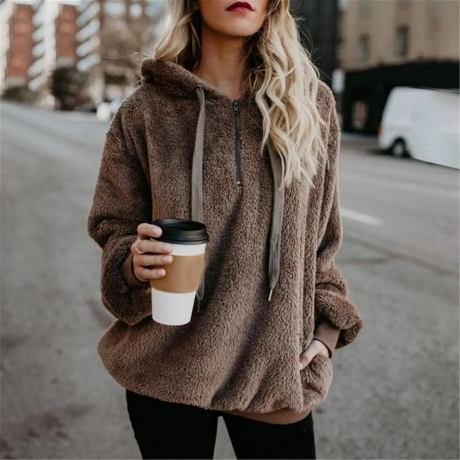 Women's Sherpa Quarter Zip Pullover Oversized Trendy Comfy Blanket Hoodies Y2k Loose Fit Sweatshirt Winter Clothes