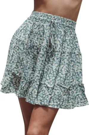 Women's Short Skirt Summer Drawstring Waist Ruffle Skirt Floral Print Swing Beach Mini Dress (L, Light Blue)