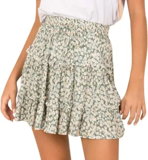 Women's Short Skirt Summer Drawstring Waist Ruffle Skirt Floral Print Swing Beach Mini Dress (M, Green)