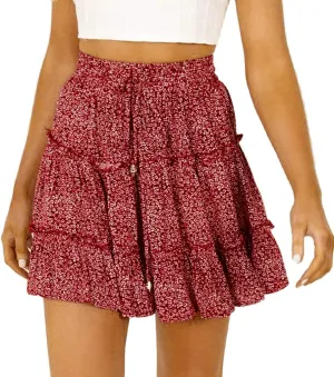 Women's Short Skirt Summer Drawstring Waist Ruffle Skirt Floral Print Swing Beach Mini Dress (M, Red)