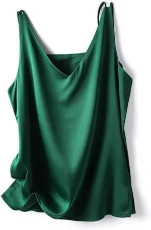 Women's Silk Satin Office Double Shoulder Camisole Tank V-Neck Sleeveless Top T-Shirt Elegant Crop Top