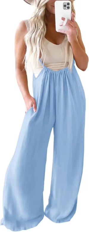 Womens Sleeveless Suspender Overalls Solid Baggy Wide Leg Long Pant Romper with Pockets
