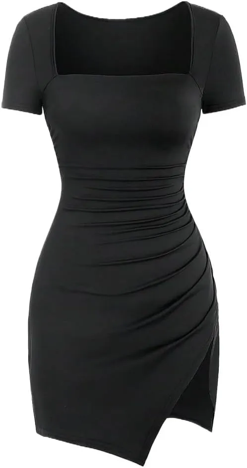 Women's Square Neck Short Sleeve Ruched Dress Fashion Tee Dresses for Women
