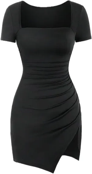 Women's Square Neck Short Sleeve Ruched Dress Fashion Tee Dresses for Women