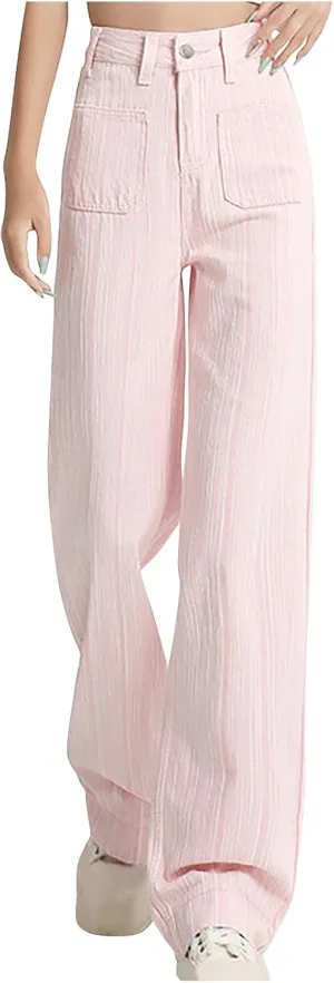 Women's Straight Leg Pants, High Waist Casual Elegant Trendy Long Pants Solid Color Summer Trousers with Pockets
