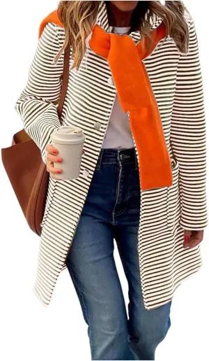 Womens Striped Cardigan Jacket with Hood Button Down Long Jackets Fashion Wool Blend Coat