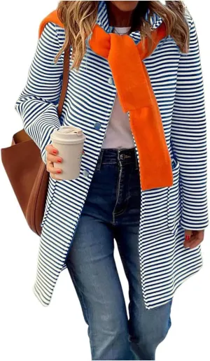 Womens Striped Cardigan Jacket with Hood Button Down Long Jackets Fashion Wool Blend Coat