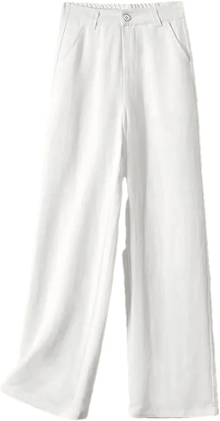 Women's Summer Cotton Linen Pants  High Waist Loose Fit Wide Leg Streetwear Trousers with Button Up Straight Legs