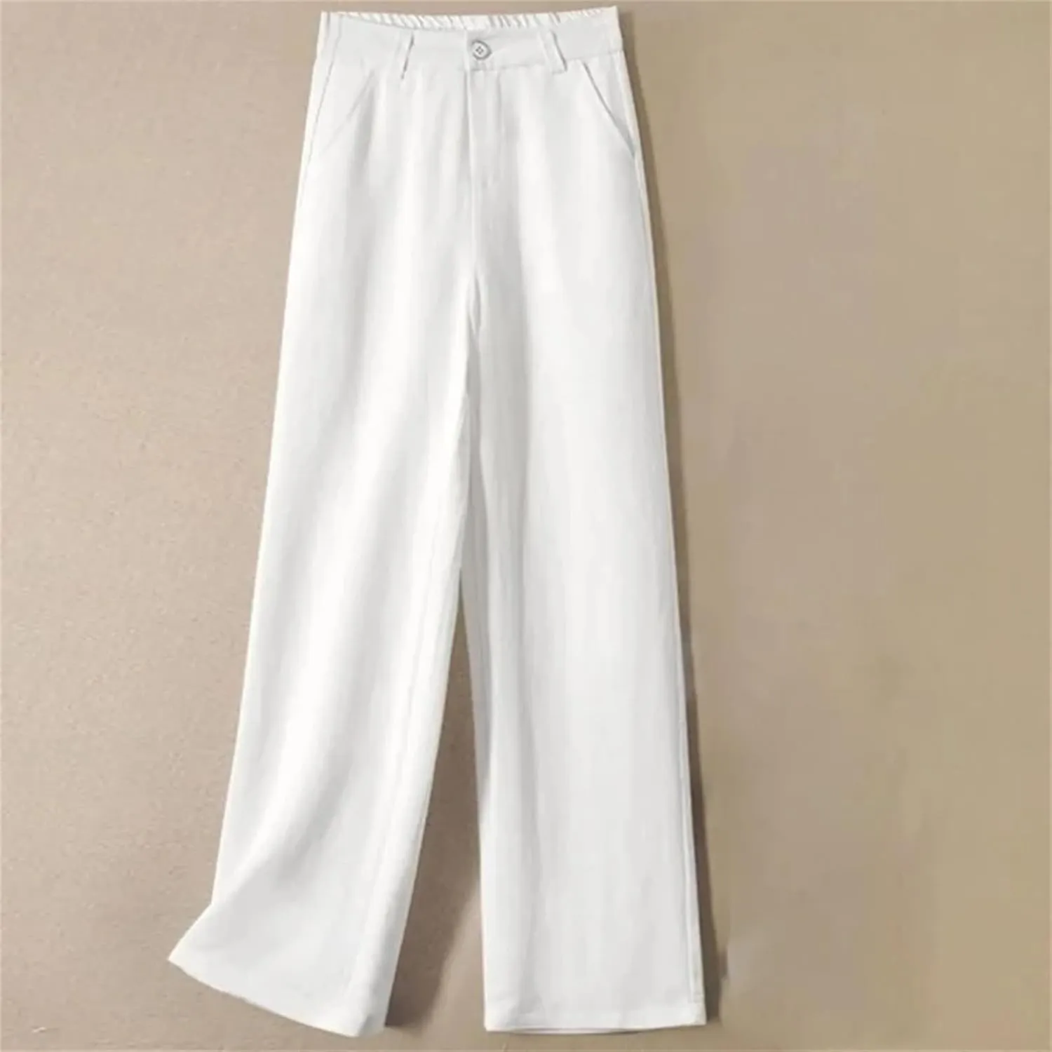 Women's Summer Cotton Linen Pants  High Waist Loose Fit Wide Leg Streetwear Trousers with Button Up Straight Legs