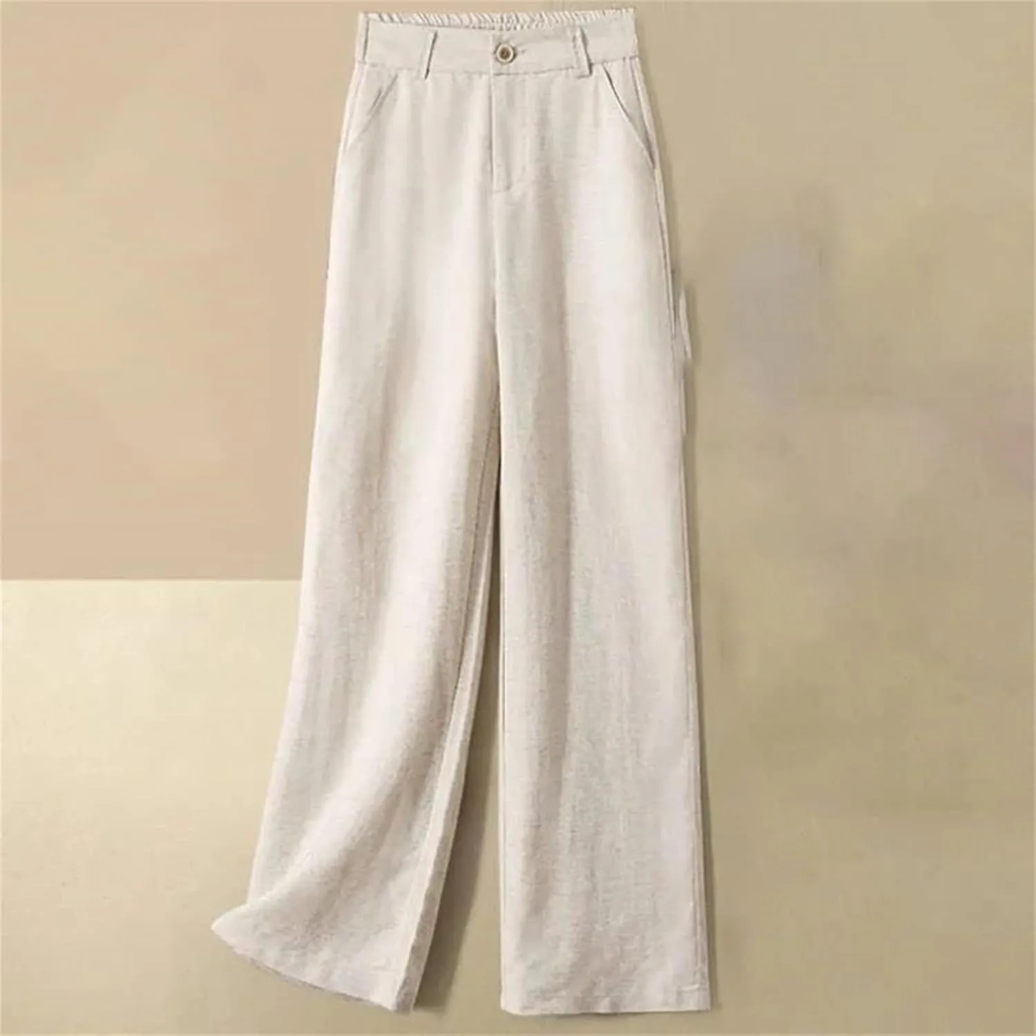 Women's Summer Cotton Linen Pants  High Waist Loose Fit Wide Leg Streetwear Trousers with Button Up Straight Legs