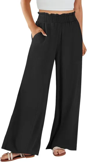 Women's Summer Fashion Casual Wide Leg Drawstring High Waist Pocket Long Dressy Loose Fit Pants