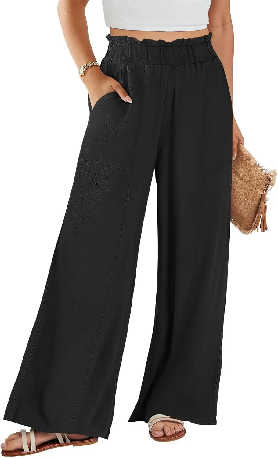 Women's Summer Fashion Casual Wide Leg Drawstring High Waist Pocket Long Dressy Loose Fit Pants