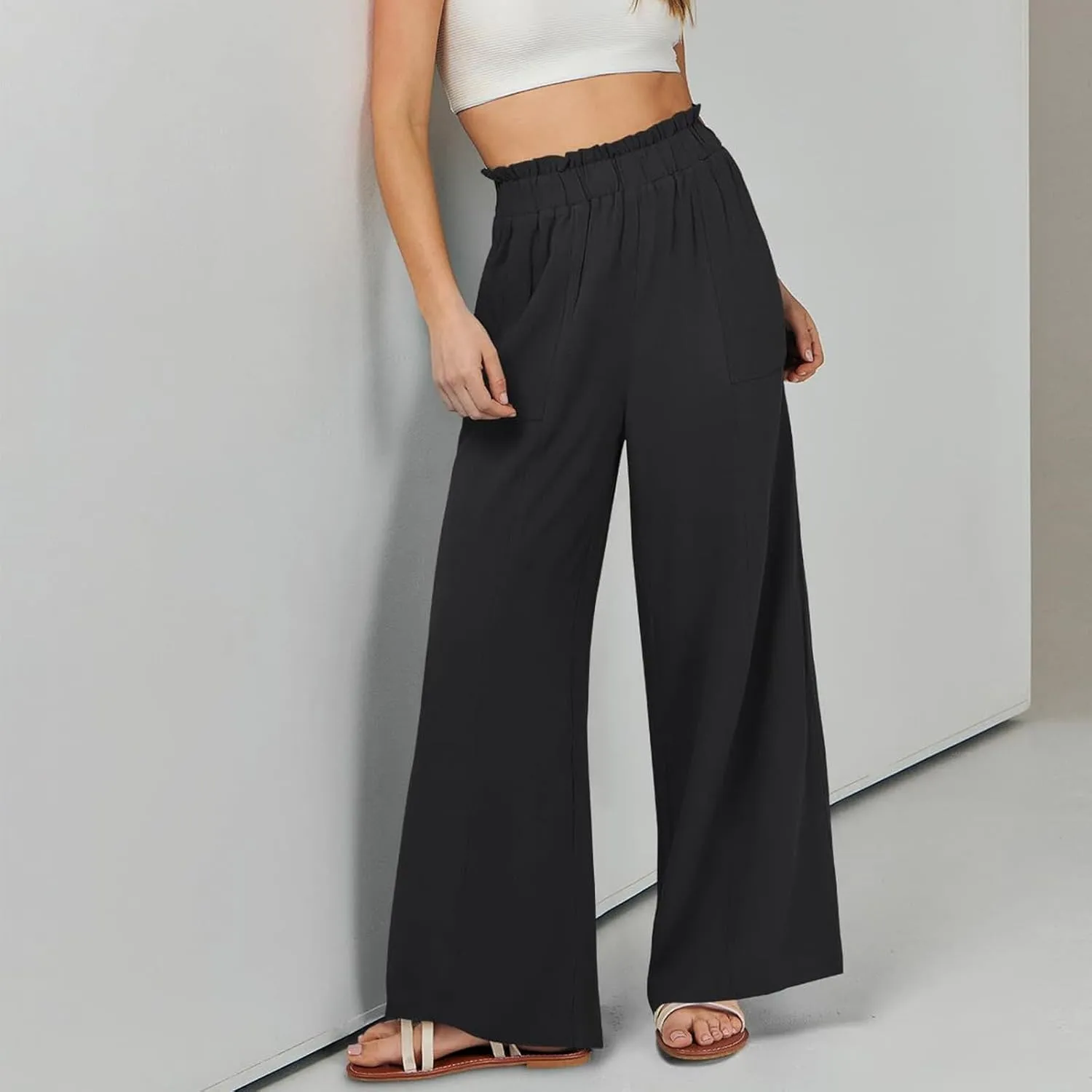 Women's Summer Fashion Casual Wide Leg Drawstring High Waist Pocket Long Dressy Loose Fit Pants