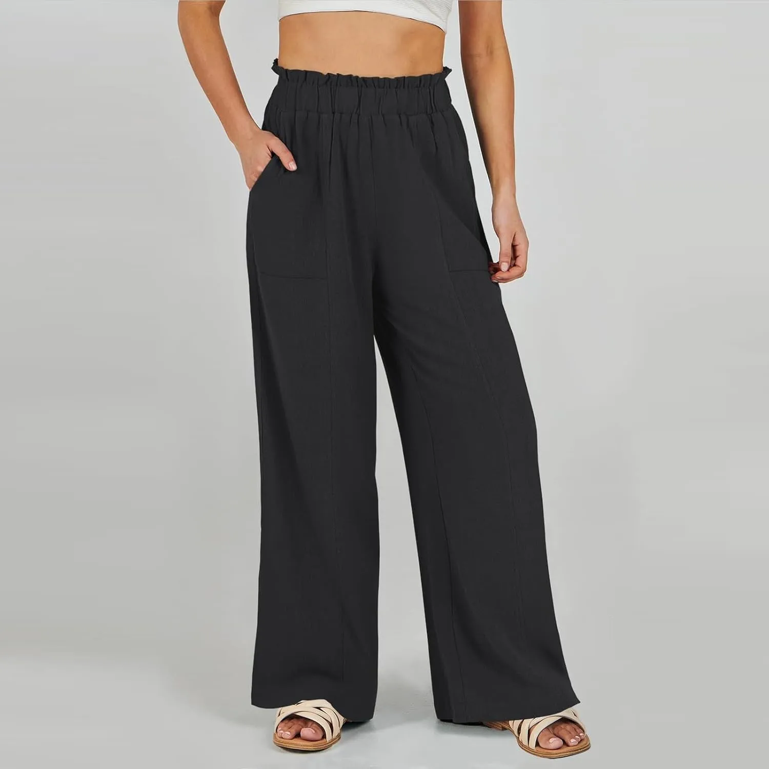 Women's Summer Fashion Casual Wide Leg Drawstring High Waist Pocket Long Dressy Loose Fit Pants