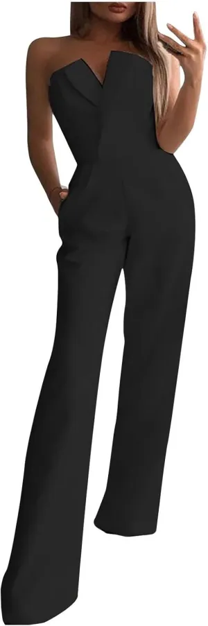 Women's Summer Romper Sexy Strapless Solid Color High Waist Sleeveless Straight Wide Leg Jumpsuits, S-XL
