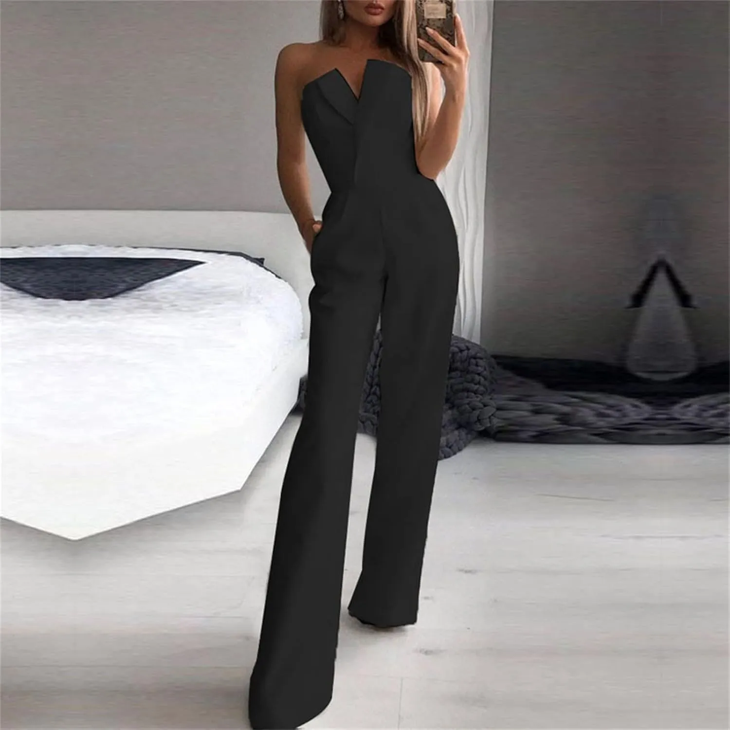 Women's Summer Romper Sexy Strapless Solid Color High Waist Sleeveless Straight Wide Leg Jumpsuits, S-XL