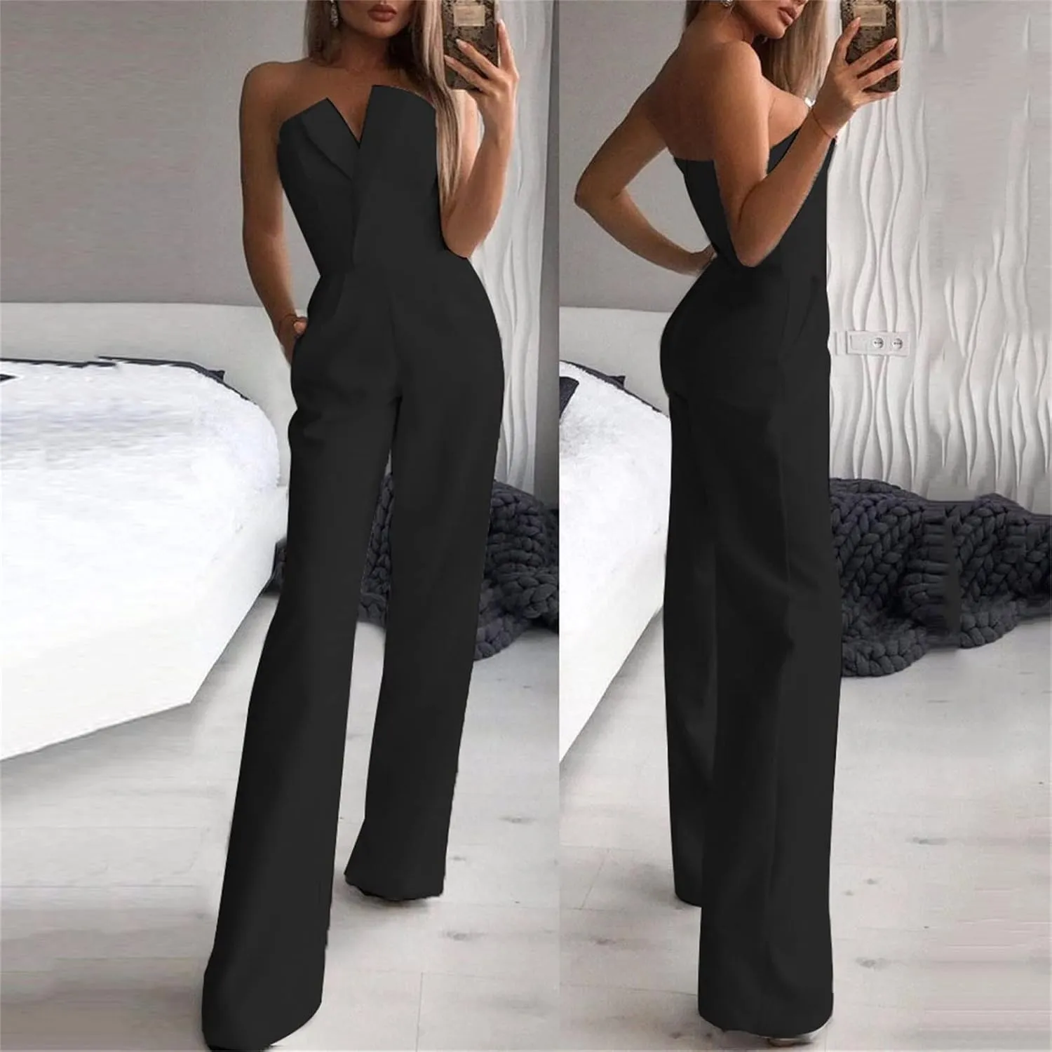 Women's Summer Romper Sexy Strapless Solid Color High Waist Sleeveless Straight Wide Leg Jumpsuits, S-XL