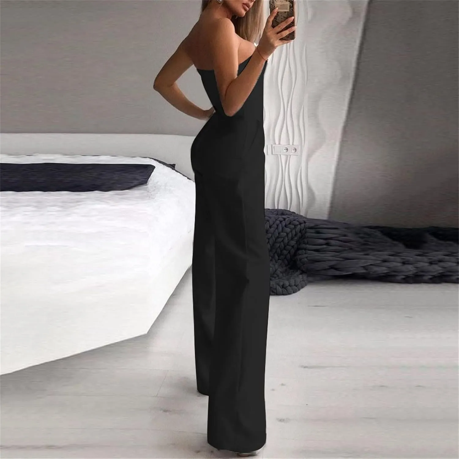Women's Summer Romper Sexy Strapless Solid Color High Waist Sleeveless Straight Wide Leg Jumpsuits, S-XL